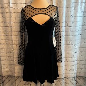 City Vibe NWT Black Velvet Mini Dress with V-Neck and illusion top.  Size L